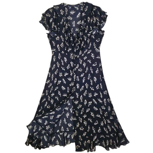 Polo Ralph Lauren~Woman Sz.4~Navy/Beige Floral Ruffle Sleeve Summer Dress Sheer - Picture 1 of 14